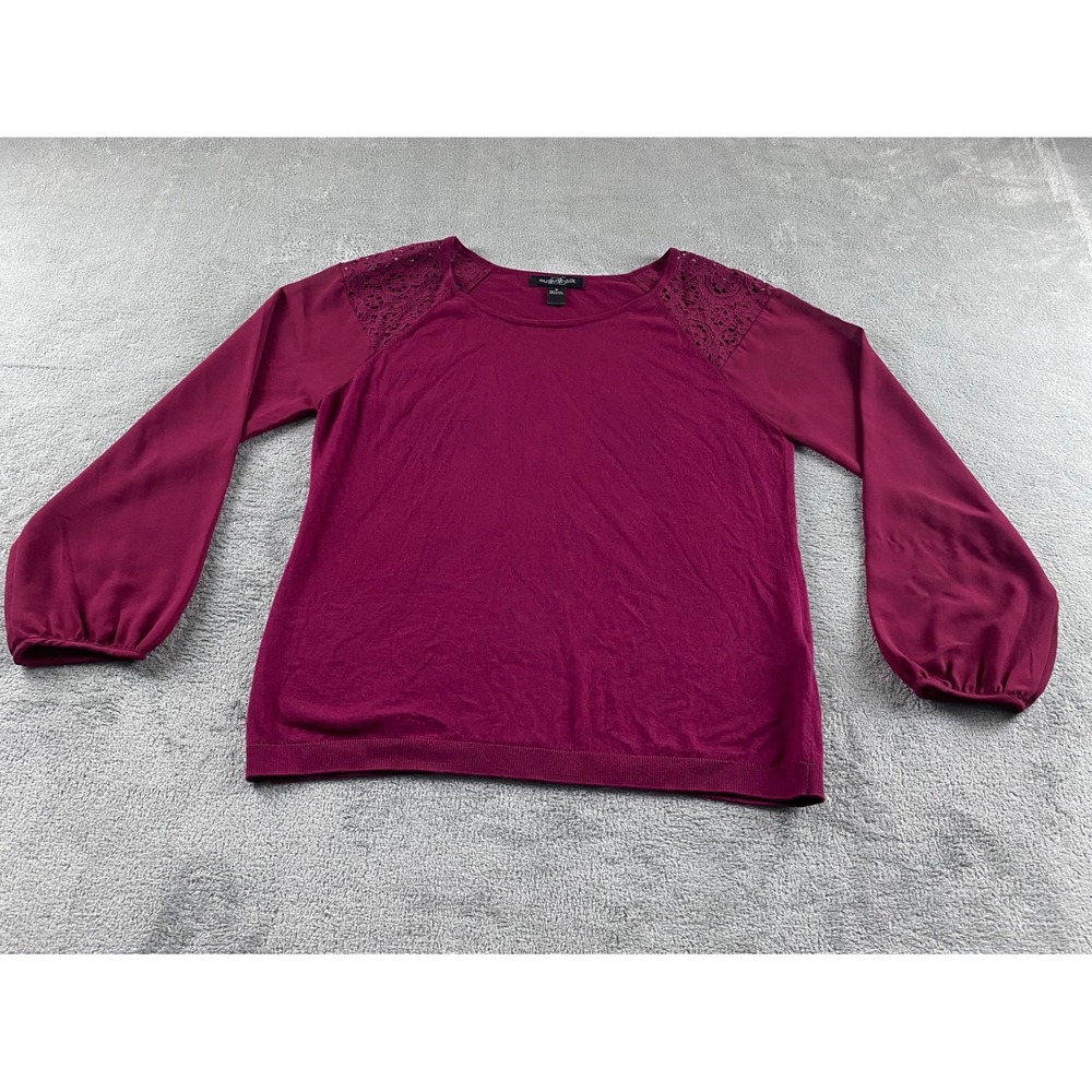 August Silk Womens Mixed Media Lace Shoulder Knit Top Berry Wine Size Medium